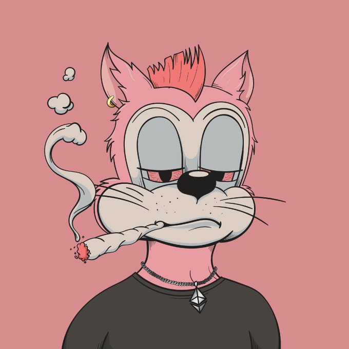 A stylized digital drawing of a pink anthropomorphic cat with a red mohawk, droopy red eyes, and a gold earring, smoking a cigarette while wearing a chain necklace.