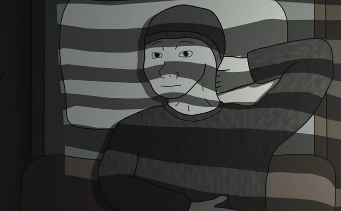 A 2D animation depicts a man wearing a striped shirt and a striped balaclava lying on striped pillows, resting his head on his hand.