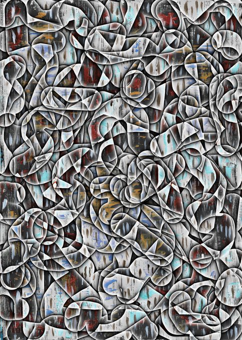 An abstract painting featuring dense, overlapping curvilinear forms in grayscale tones with subtle accents of red, blue, and ochre, creating a complex, tangled composition of ribbon-like shapes.