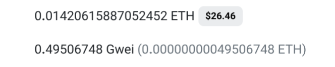 The image displays an Ethereum transaction cost breakdown showing 0.01420615887052452 ETH ($26.46) plus a network fee of 0.49506748 Gwei (0.000000000049506748 ETH), illustrating the gas costs associated with deploying a smart contract that stores a lookup table mapping values of b to x where x^(seconds in a year) = 1 + b/1e4.