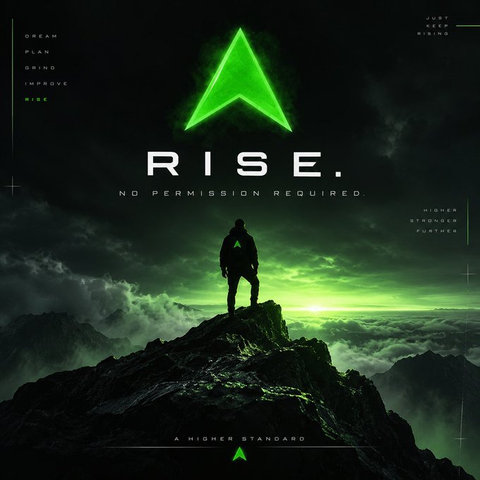 A motivational dark poster featuring a silhouetted figure standing on a mountain peak under a green sky, with a glowing green arrow logo and the text 'RISE. NO PERMISSION REQUIRED. A HIGHER STANDARD' along with words like DREAM, PLAN, GRIND, IMPROVE, and RISE.