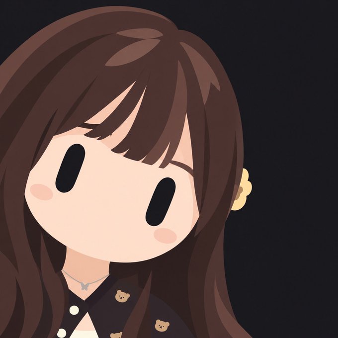 A digital illustration of a cute anime-style character with long brown hair, dot eyes, a small bear-patterned jacket, and a delicate necklace against a black background.