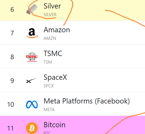 A ranking list showing numbered entries 6 through 11, including Silver (SILVER), Amazon (AMZN), TSMC (TSM), SpaceX (SPCX), Meta Platforms/Facebook (META), and Bitcoin (BTC), with hand-drawn orange marks circling 'Silver' and 'Amazon' and an arrow near Bitcoin.