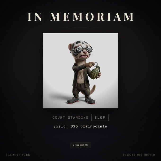 A 'IN MEMORIAM' tribute screen featuring a 3D rendered ferret-like character with spiral glasses holding a grenade, labeled 'COURT STANDING', 'SLOP', 'yield: 325 brainpoints', and 'BRAINROT #8483, 1802/10,000 BURNED'.