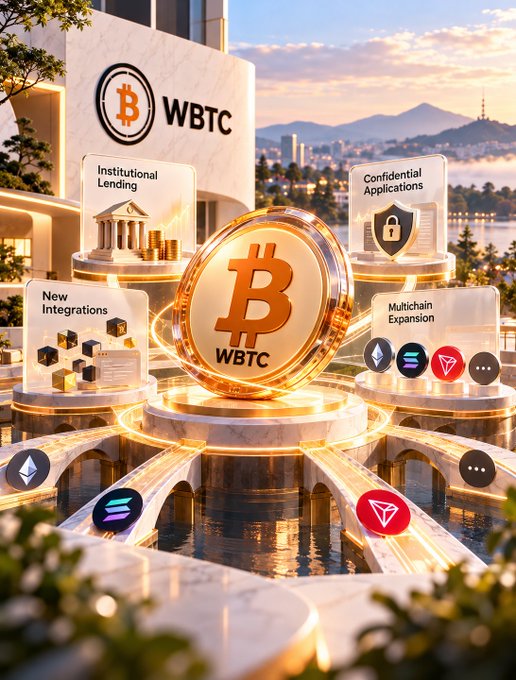 A glowing golden WBTC (Wrapped Bitcoin) coin sits at the center of an elegant plaza, surrounded by pillars highlighting key developments—Institutional Lending, Confidential Applications, New Integrations, and Multichain Expansion—alongside Ethereum, Solana, and Tron logos, visually reinforcing the September update's theme of Bitcoin's growing utility across DeFi ecosystems.