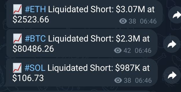 A cryptocurrency liquidation alert feed showing recent short liquidations: #ETH Liquidated Short $3.07M at $2523.66, #BTC Liquidated Short $2.3M at $80486.26, and #SOL Liquidated Short $987K at $106.73.