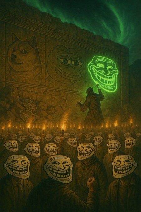 The image features a group of people wearing funny masks, with one person holding up a neon green light that looks like a face. The masks are predominantly white or brown, but some have black accents as well. The scene appears to be set against a dark background, and there is a large stone wall in the background. A caption below the image reads "gm It's only a matter of time till !"
