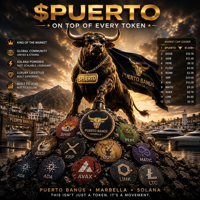 A promotional graphic for '$PUERTO' cryptocurrency token with the tagline 'ON TOP OF EVERY TOKEN', showing a bull wearing sunglasses and a 'Puerto Banus Marbella' cape standing over a pile of competitor coins (SHIB, DOGE, XRP, BONK, PEPE, ADA, AVAX, LINK, MATIC, LTC), with a market cap leaderboard listing $PUERTO at $1.00B.