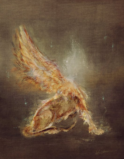 A textured painting depicts a mythical creature with large, luminous orange and yellow wings, blending animal and angelic features against a dark, earthy background, with a partially legible artist signature in the lower right corner.