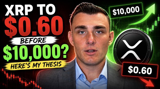 A YouTube thumbnail featuring a man in a suit alongside XRP cryptocurrency graphics, with bold text reading "XRP TO $0.60 BEFORE $10,000? HERE'S MY THESIS." The image directly promotes the video's content about XRP's potential price trajectory, showing a downward arrow to $0.60 and an upward arrow to $10,000.