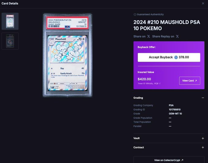 Card details page showing a 2024 Pokémon PAF EN #210 MAUSHOLD PSA 10 graded card with a buyback offer of $378.00 and insured value of $420.00.