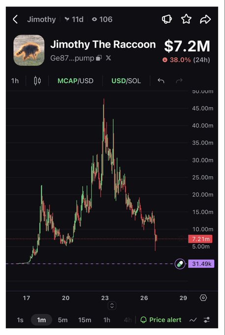 Cryptocurrency price chart for memecoin 'Jimothy The Raccoon' showing a market cap of $7.2M with a 38.0% 24-hour decline, peaking around 45M before dropping sharply.