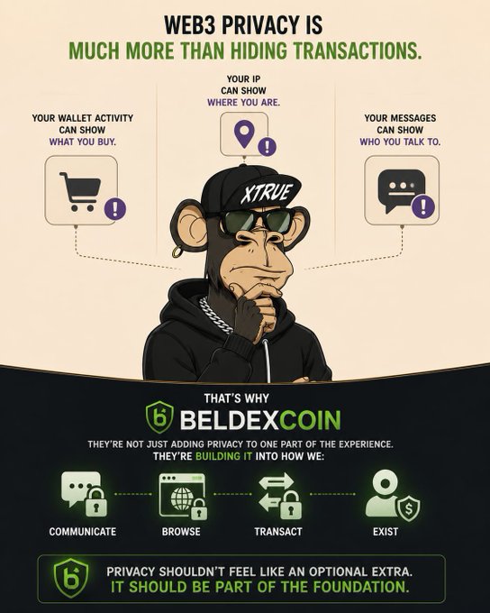 A promotional infographic titled 'WEB3 PRIVACY IS MUCH MORE THAN HIDING TRANSACTIONS' featuring a Bored Ape-style character in an 'XTRUE' hat and sunglasses, advertising 'BELDEXCOIN' with icons for communicate, browse, transact, and exist.