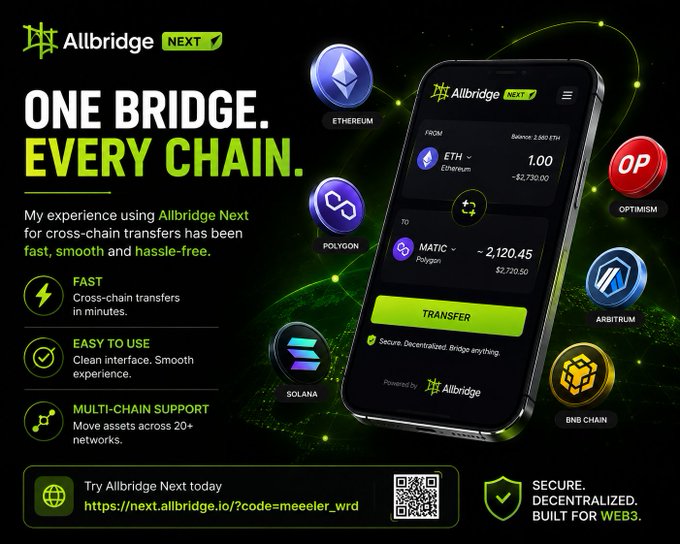 Promotional banner for 'Allbridge NEXT' featuring a smartphone mockup showing a cross-chain transfer interface between Ethereum and Polygon, with logos for Ethereum, Optimism, Polygon, Arbitrum, Solana, and BNB Chain, and text reading 'ONE BRIDGE. EVERY CHAIN.'