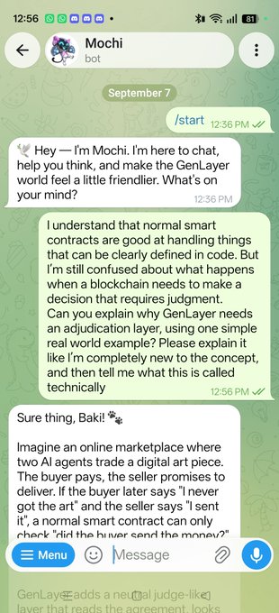 A Telegram chat with a bot named 'Mochi' discussing GenLayer's adjudication layer for blockchain disputes, using a digital art marketplace example.