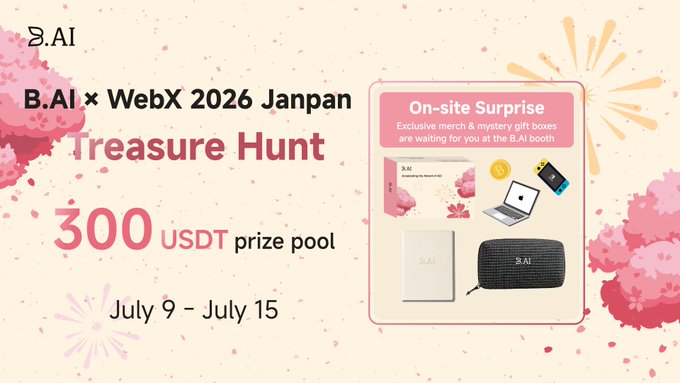 A promotional graphic for "B.AI × WebX 2026 Japan Treasure Hunt" with a 300 USDT prize pool, running July 9-15, featuring cherry blossoms, fireworks, and an "On-site Surprise" callout highlighting exclusive merch and mystery gift boxes (including a laptop sleeve, speaker, and credits) available at the B.AI booth—visually reinforcing the Tokyo event celebration and early giveaway kickoff mentioned in the post.