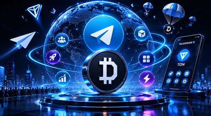 The image features a large globe surrounded by various symbols related to cryptocurrency and digital currency. The main focus of the image is a Bitcoin symbol, indicating that the content might be about Bitcoin or cryptocurrencies. There are also other symbols such as a Telegram logo, a phone, and a city skyline in the background. The post mentions that every thesis point connects into one larger ecosystem instead of relying on short-term hype, which could suggest that the image is related to the development or growth of cryptocurrency platforms like Telegram or Bitcoin Cash.