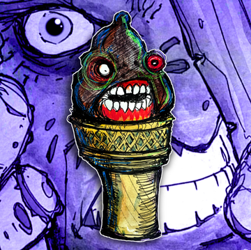 A colorful illustration depicts a monstrous cupcake-like creature with sharp teeth and red eyes on a gold pedestal, set against a purple background with an eye motif.