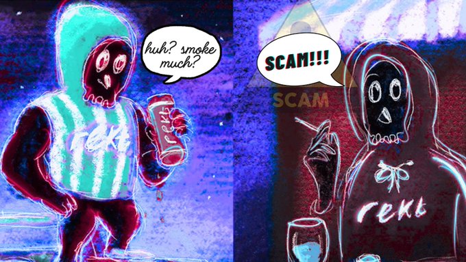 A two-panel cartoon of skeletal hooded figures with speech bubbles: the left figure asks 'huh? smoke much?' while wearing a shirt that says 'rekt', and the right figure responds 'SCAM!!!'.