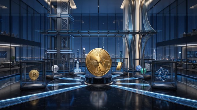 Digital artwork depicting a futuristic exhibition hall showcasing various cryptocurrency coins, with a large golden Bitcoin prominently featured in the center.