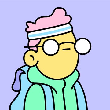 A simple cartoon drawing of a person with yellow skin, pink hair, white round glasses, and a green hoodie, set against a light purple background.