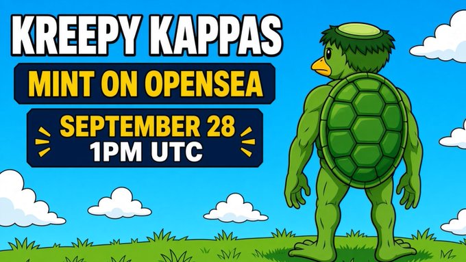 A promotional graphic for 'KREEPY KAPPAS' NFT mint on OpenSea scheduled for September 28 at 1PM UTC, featuring a cartoon character with a muscular humanoid body and turtle shell.