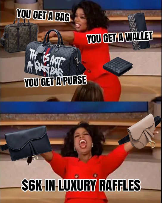 A meme using Oprah Winfrey in a red dress giving away items, with text reading 'YOU GET A BAG', 'YOU GET A WALLET', 'YOU GET A PURSE', and '$6K IN LUXURY RAFFLES' alongside images of designer bags.