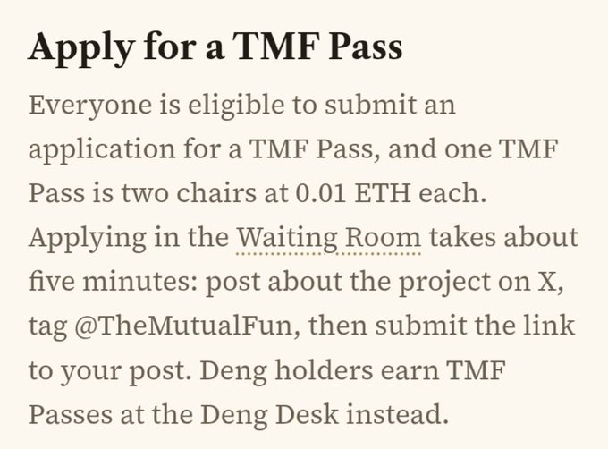 An informational text panel titled "Apply for a TMF Pass" detailing application procedures, mentioning that one pass costs "two chairs at 0.01 ETH each" and references a "Waiting Room" and "The MutualFun" project on X.