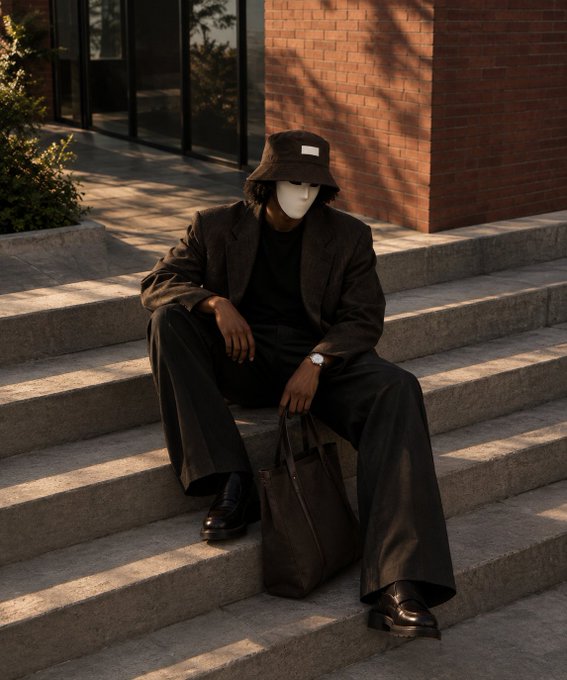 A person dressed in all-black attire sits on concrete steps, wearing a dark bucket hat that obscures their face, while holding a black tote bag.