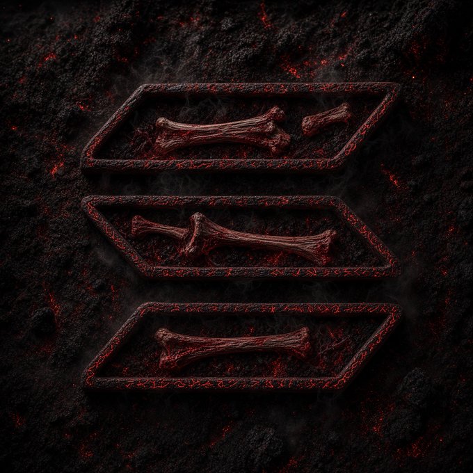 A dark, ominous 3D-rendered graphic featuring three horizontal compartments containing red-veined bones against a charred, lava-cracked background.
