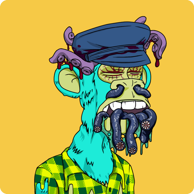A grotesque cartoon illustration of a teal monkey-like creature with a dark blue cap, bloodshot eyes, and tentacles emerging from its mouth, wearing a green checkered shirt.