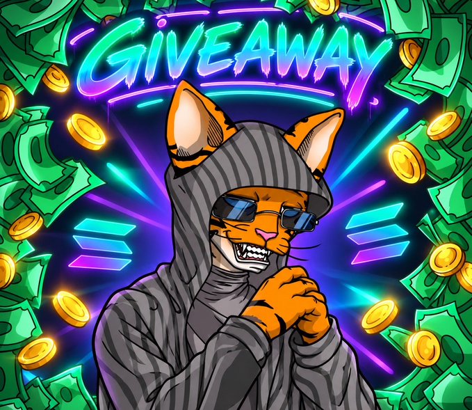 The image features a vibrant, neon-style digital illustration with the word "GIVEAWAY" displayed in glowing, multicolored graffiti-style text at the top. The central figure is an anthropomorphic orange tiger wearing a gray striped hoodie with cat/tiger ears, dark sunglasses, and a sly, toothy grin, with one fist raised. The background is filled with falling green dollar bills and gold coins, set against a backdrop of purple and blue neon geometric shapes. The image strongly aligns with the accompanying post's message of a $50 crypto giveaway (5 winners × $10), with the money, coins, and celebratory "GIVEAWAY" text visually representing the prize, while the tiger mascot conveys excitement and enthusiasm for rewarding the community with $SOL.