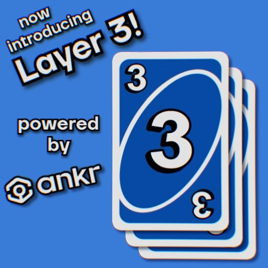 The image features a blue card with white numbers 3 printed on it. The background of the image is blue, which complements the color of the number 3. Below the number 3, there's text that reads "Now introducing Layer 3!". In addition, there are three cards stacked vertically against this backdrop, each displaying the number 3 in white.