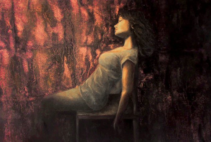 A painting of a woman with dark hair in a pale dress, leaning back with her eyes closed against a rich, textured backdrop of deep reds and dark tones.