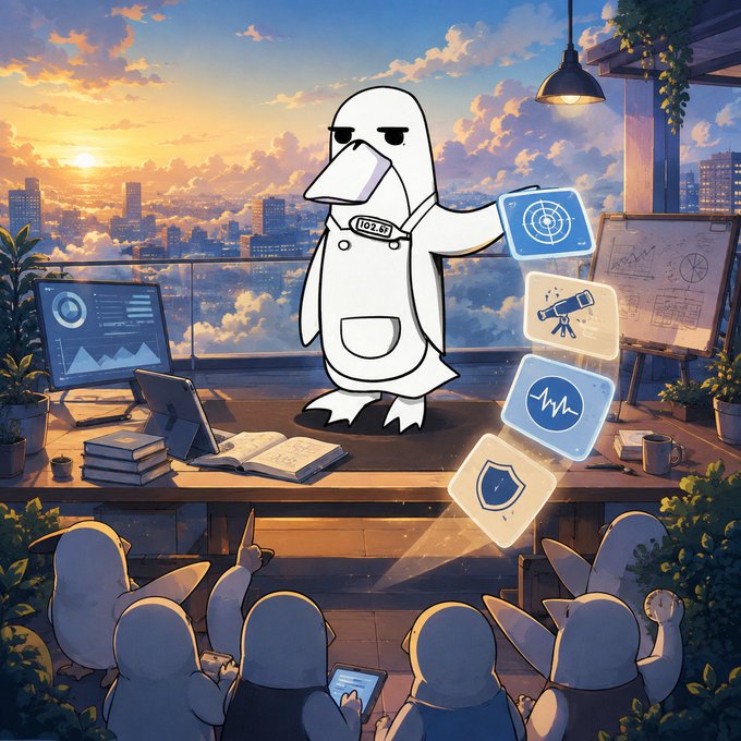 An illustrated cartoon shows a penguin character giving a presentation to a seated audience, displaying various analysis icons.