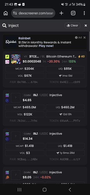A mobile screenshot of dexscreener.com searching for 'Inject', showing tokens like BTCE on BitcoinEthereum, INJ/USDC pairs with various market caps and volumes.