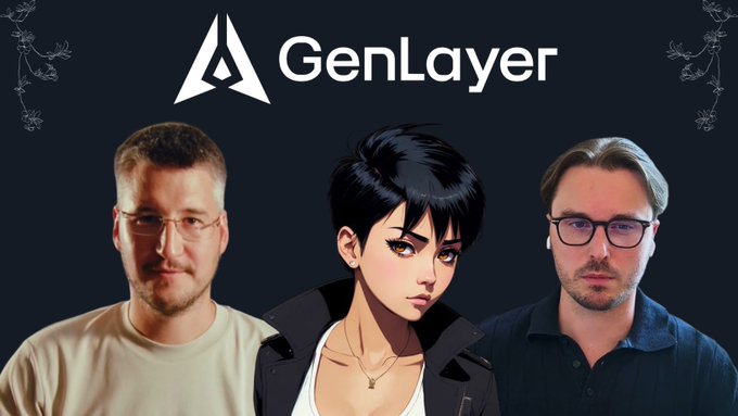 The image shows two men flanking an illustrated female character with short dark hair, all positioned beneath the "GenLayer" logo at the top. The graphic appears to be a thumbnail featuring guests discussing a crypto-related story about funds lost during a withdrawal from a centralized exchange, likely referencing a conversation on a crypto podcast or YouTube channel hosted or produced through GenLayer.