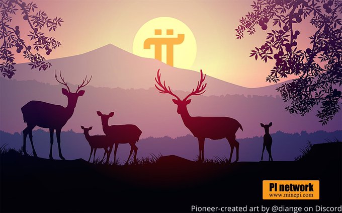 A silhouette artwork of a deer family against a purple sunset with the Pi (π) logo in the sun; text reads "Pi network www.minepi.com" and "Pioneer-created art by @diange on Discord".