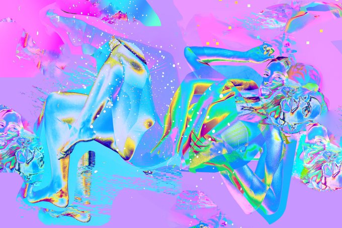 An abstract digital artwork features distorted, fluid shapes in iridescent hues of pink, blue, yellow, and green against a bright magenta background.