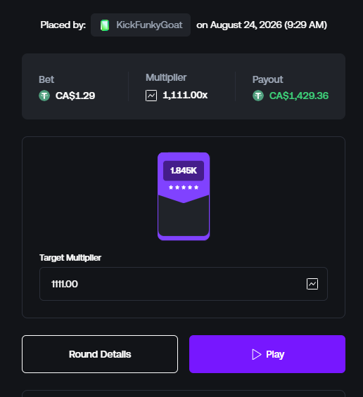 The image shows a betting slip placed by user "KickFunkyGoat" on August 24, 2026 at 9:29 AM, featuring a CA$1.29 bet on a 1,111.00x multiplier with a potential payout of CA$1,429.36 and a displayed result of 1.845K. This aligns with the post's announcement of a small rakeback sent on a 1000x+ Slide, illustrating the user's starting win of the day on @shufflecom.