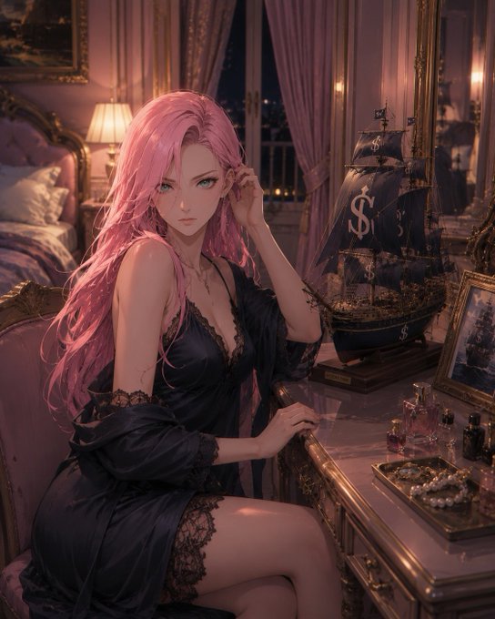 An anime-style digital illustration of a pink-haired woman in a black lace dress sitting at a vanity beside an ornate ship model marked with dollar signs.