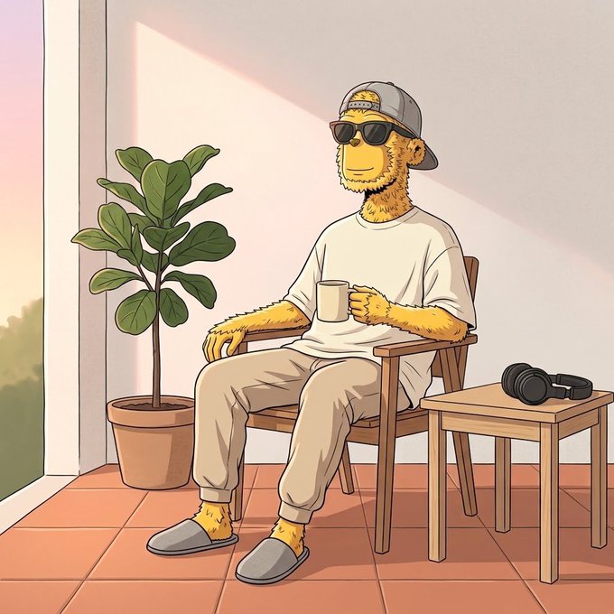 A cartoon illustration of a yellow anthropomorphic character wearing a backwards cap, sunglasses, and casual clothes, relaxing in a wooden chair with a coffee mug beside a potted fiddle leaf fig plant and headphones.