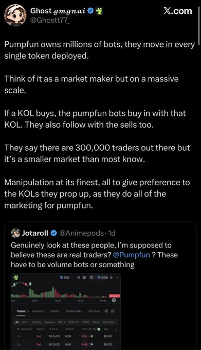 A screenshot of a tweet by @Ghost77_ alleging that Pumpfun operates millions of bots acting as market makers that mimic KOL buy/sell activity, paired with a quote-tweet by @Animepods showing a Pumpfun trade history chart with identical $2.92 sell orders at $0.502 and $0.503 as evidence of bot activity.