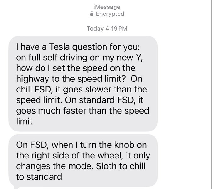 iMessage text conversation asking about Tesla Full Self-Driving (FSD) speed settings, noting Chill mode is too slow and Standard is too fast relative to the speed limit, and that the right steering wheel knob cycles Sloth/Chill/Standard modes.