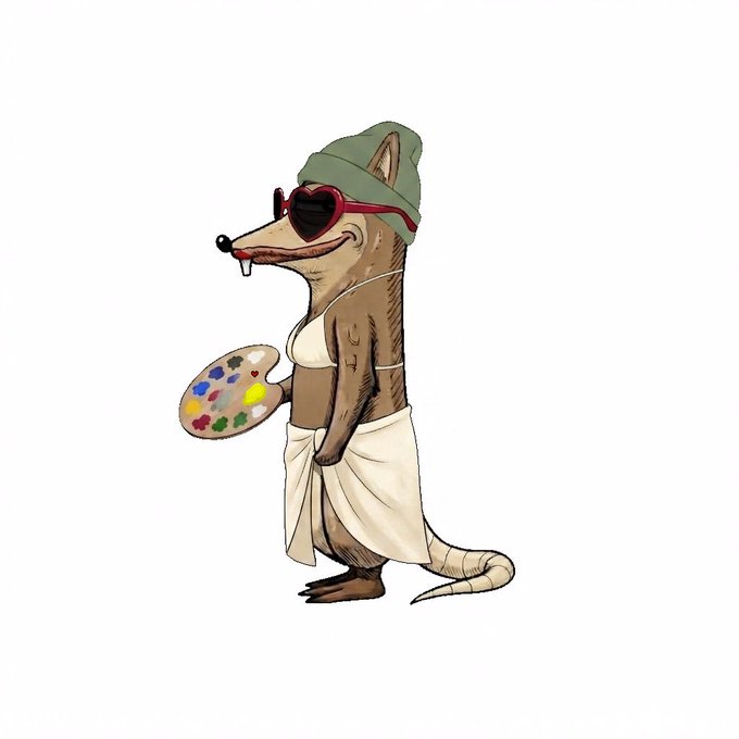 An illustration of an anthropomorphic armadillo artist wearing a green beanie and heart-shaped sunglasses, holding a colorful paint palette.