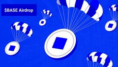 The image features a blue-themed graphic with parachute-deployed coins (referencing an airdrop) and the text "$BASE Airdrop" in the top-left corner, visually tying into the post's theme about early involvement with Base and encouraging users to check their first $BASE transactions.