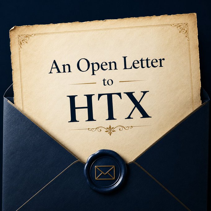 A vintage-style beige parchment letter reads 'An Open Letter to HTX' as it emerges from a dark blue envelope sealed with a gold wax stamp.