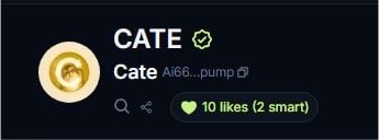 A user profile card for "CATE" (wallet address "Cate Ai66...pump") shows the token is verified on Jupiter, as indicated by the green checkmark next to its name, aligning with the post's announcement of its new verification status on the Jupiter platform.