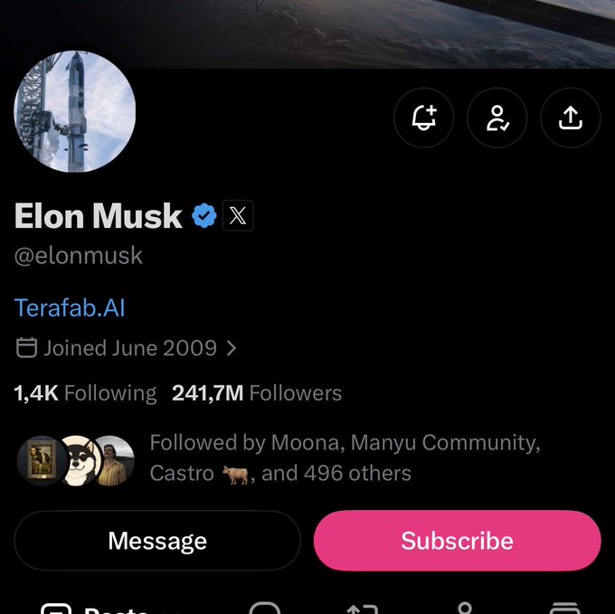 A screenshot of Elon Musk's X profile (@elonmusk), showing 241.7M followers and his bio link 'Terafab.AI'.