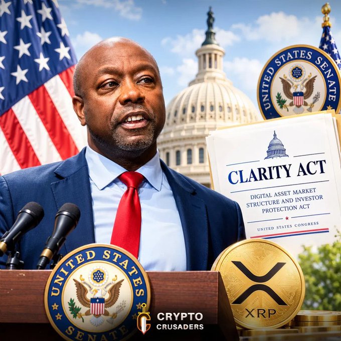 An AI-generated image of Senator Tim Scott at a podium holding the 'CLARITY ACT - Digital Asset Market Structure and Investor Protection Act', with a Senate seal and a large XRP cryptocurrency coin displayed.